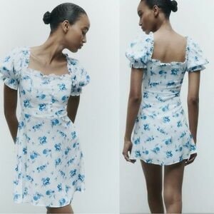 Zara Short Floral Print Dress Blue and White size S